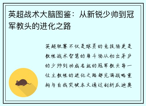 英超战术大脑图鉴：从新锐少帅到冠军教头的进化之路