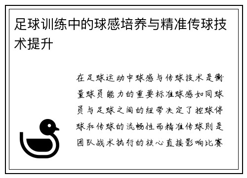足球训练中的球感培养与精准传球技术提升