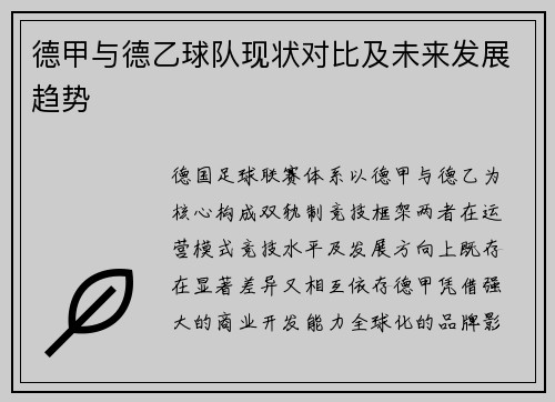 德甲与德乙球队现状对比及未来发展趋势